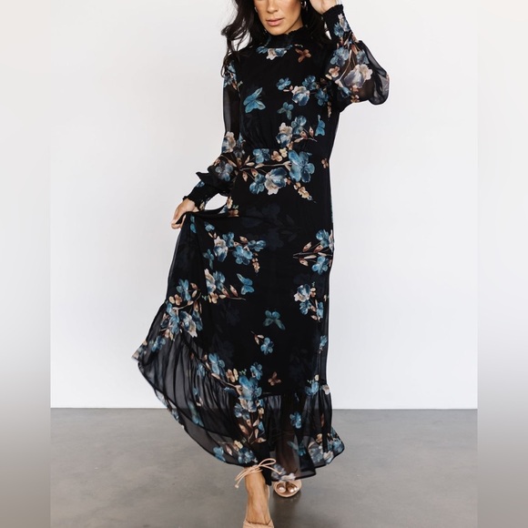 Baltic Born Dresses & Skirts - Baltic Born Luciana Floral High Neck Long Sleeve Maxi Dress Black Blue Sz Large